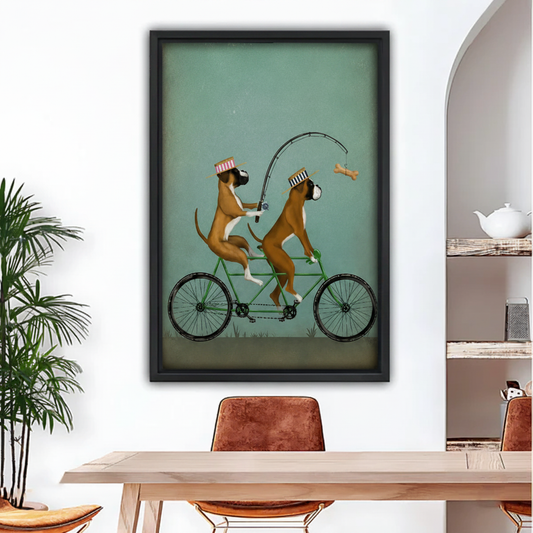 Black framed whimsical boxer dogs riding tandem bicycle canvas wall art, dining room decor