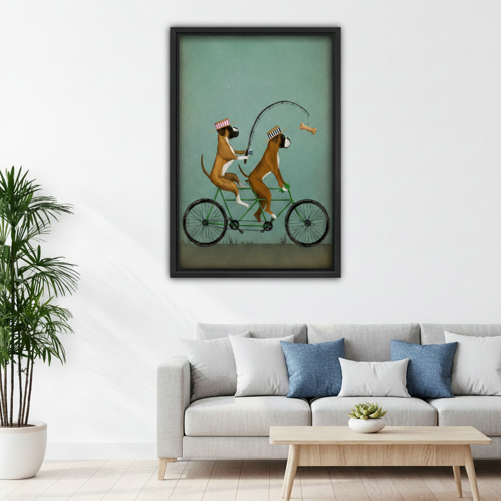 Funny boxer dogs riding tandem bike framed canvas wall art above sofa in modern living room
