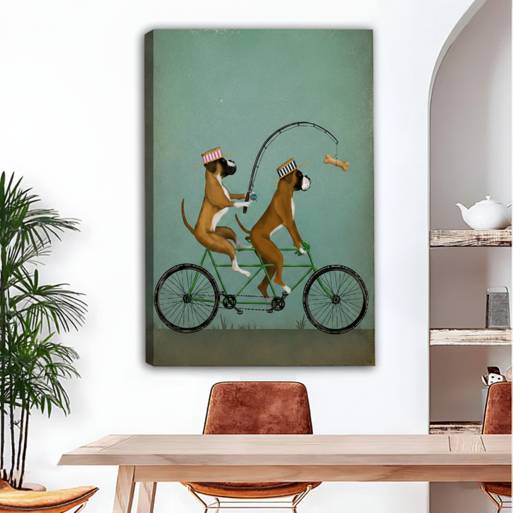 Frameless gallery wrap canvas print of two boxer dogs on tandem bike fishing for a bone, funny pet wall art
