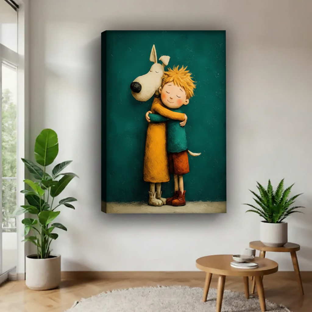 Gallery wrap canvas print of a boy and white dog hugging, frameless edge display in a bright living space with greenery