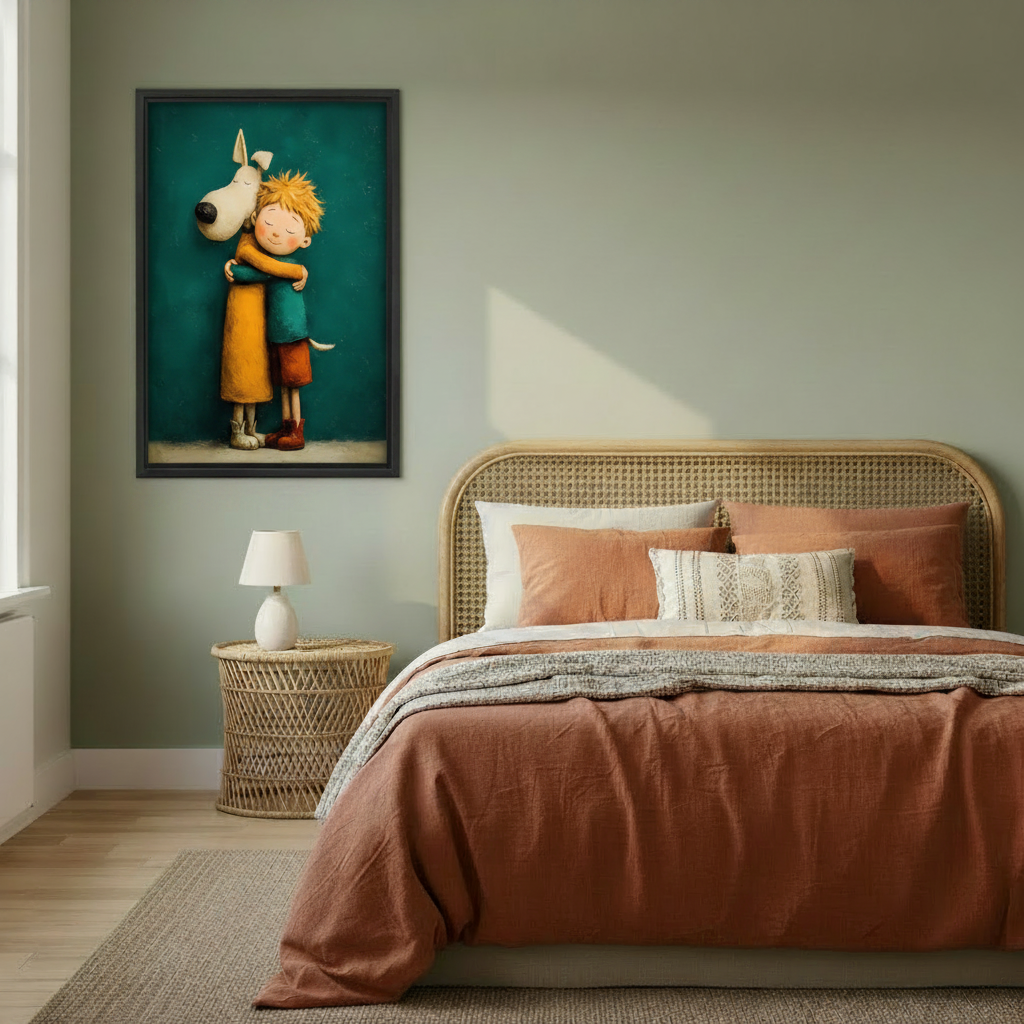 Whimsical framed art print featuring a child hugging a tall white dog, hung on a sage green bedroom wall above a rattan bed