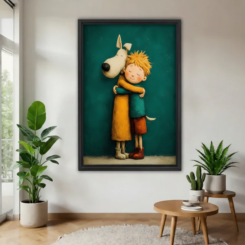 Vertical framed illustration of a boy and dog embracing with teal background, styled in a minimalist hallway with indoor plants
