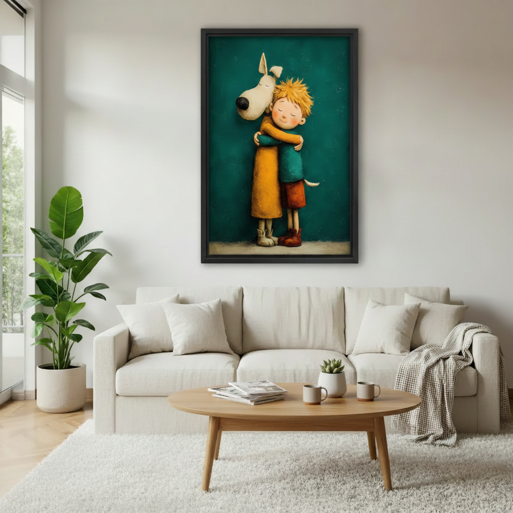 Framed wall art print of a boy and white dog sharing a warm hug, displayed above a sofa in a bright modern living room