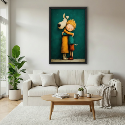 Framed wall art print of a boy and white dog sharing a warm hug, displayed above a sofa in a bright modern living room