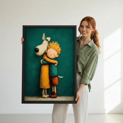 Woman holding a large framed art print of a child and dog hugging, showcasing print size and black frame finish