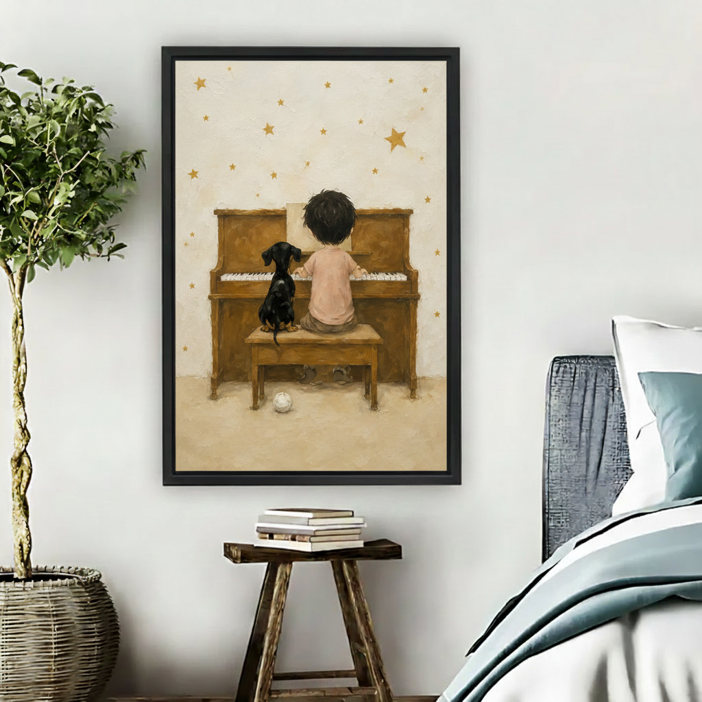 Boy and dachshund piano nostalgic framed canvas wall art above living room sofa