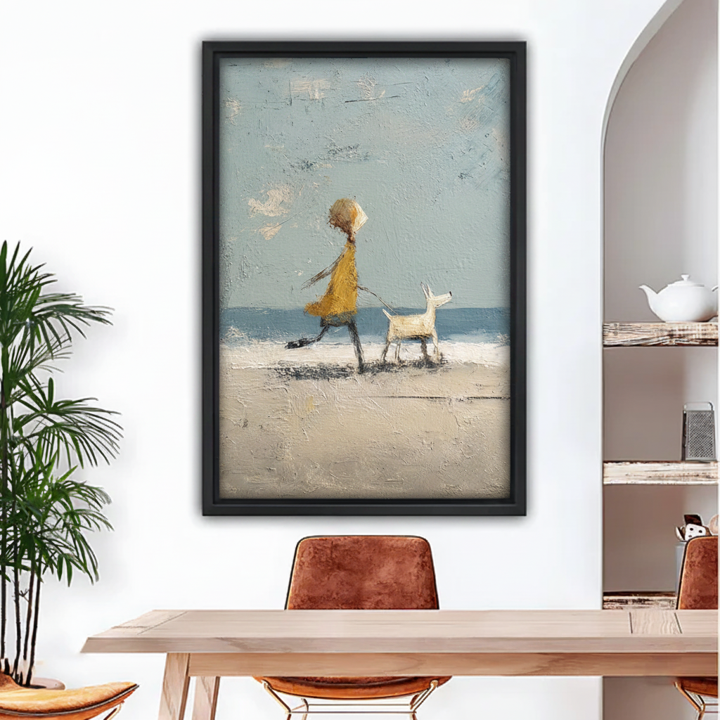 Textured impressionist boy and dog beach walk canvas wall art in black floater frame above wooden dining table