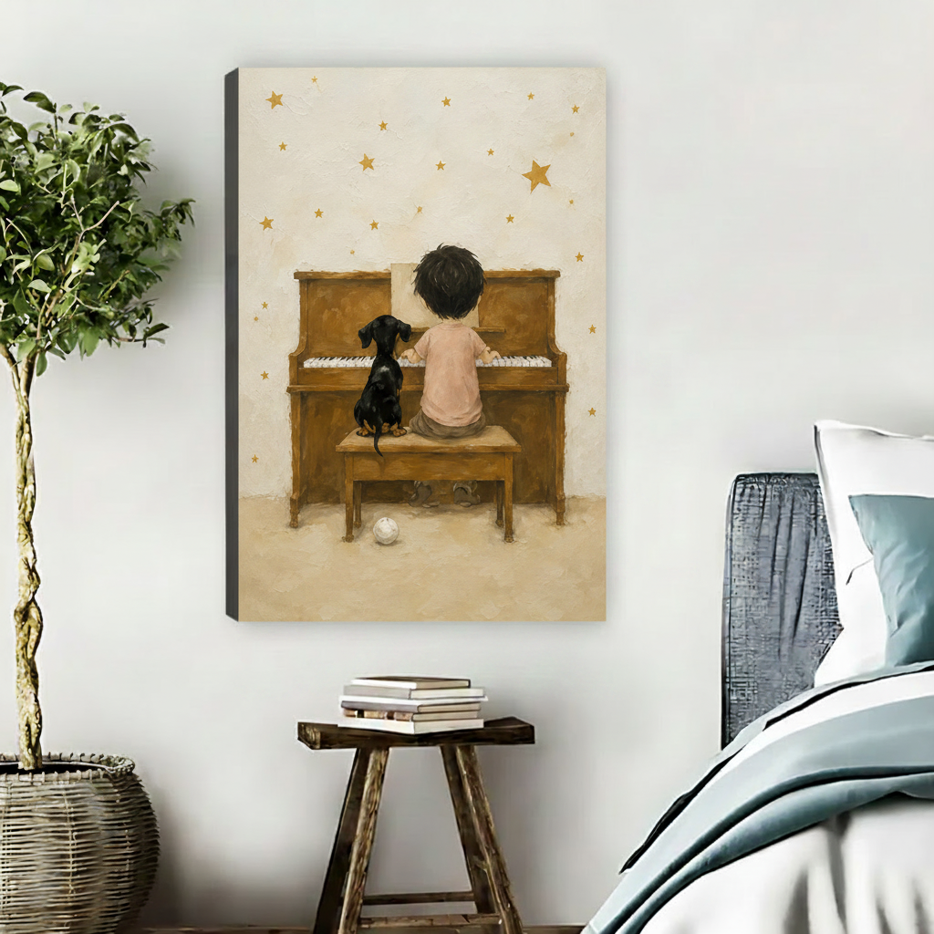 Boy and dog piano warm oil painting canvas art without frame in cozy bedroom
