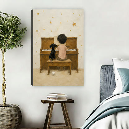 Boy and dog piano warm oil painting canvas art without frame in cozy bedroom