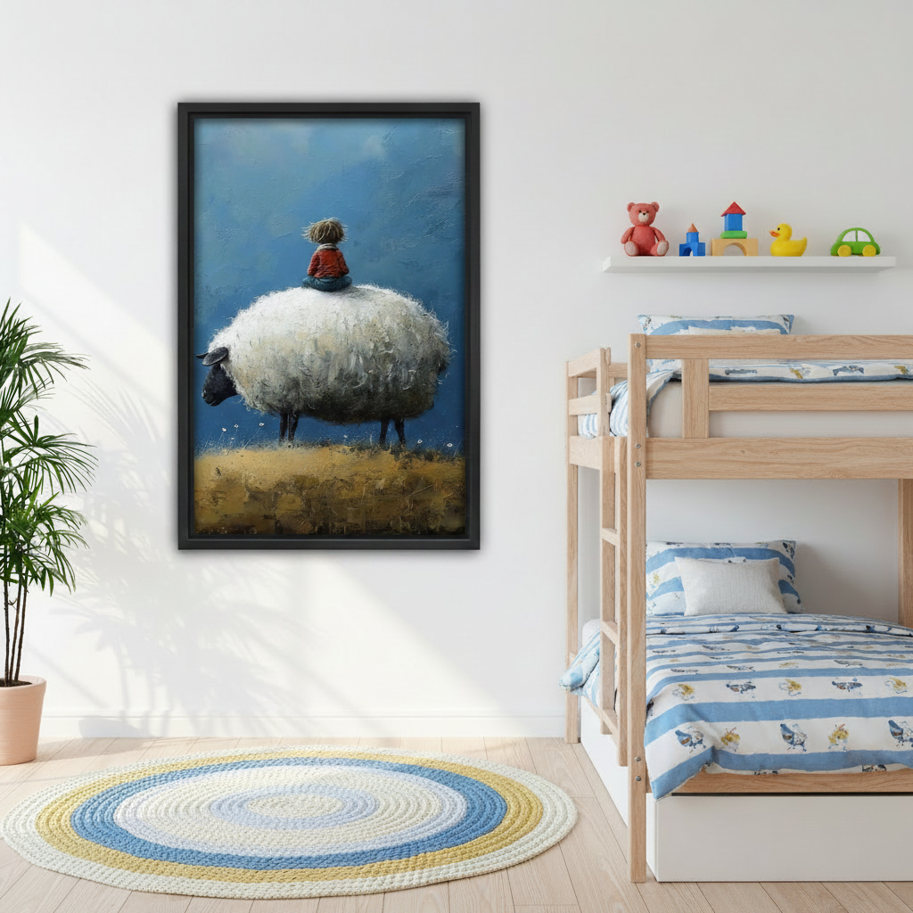 Boy sitting on giant white sheep oil painting canvas print in children's bedroom, blue sky nursery wall decor