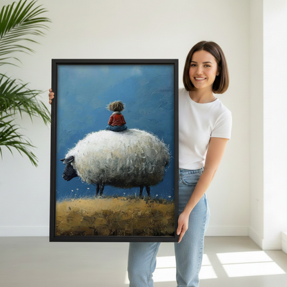 Woman holding large black framed boy on sheep oil painting canvas print, children's room wall art gift