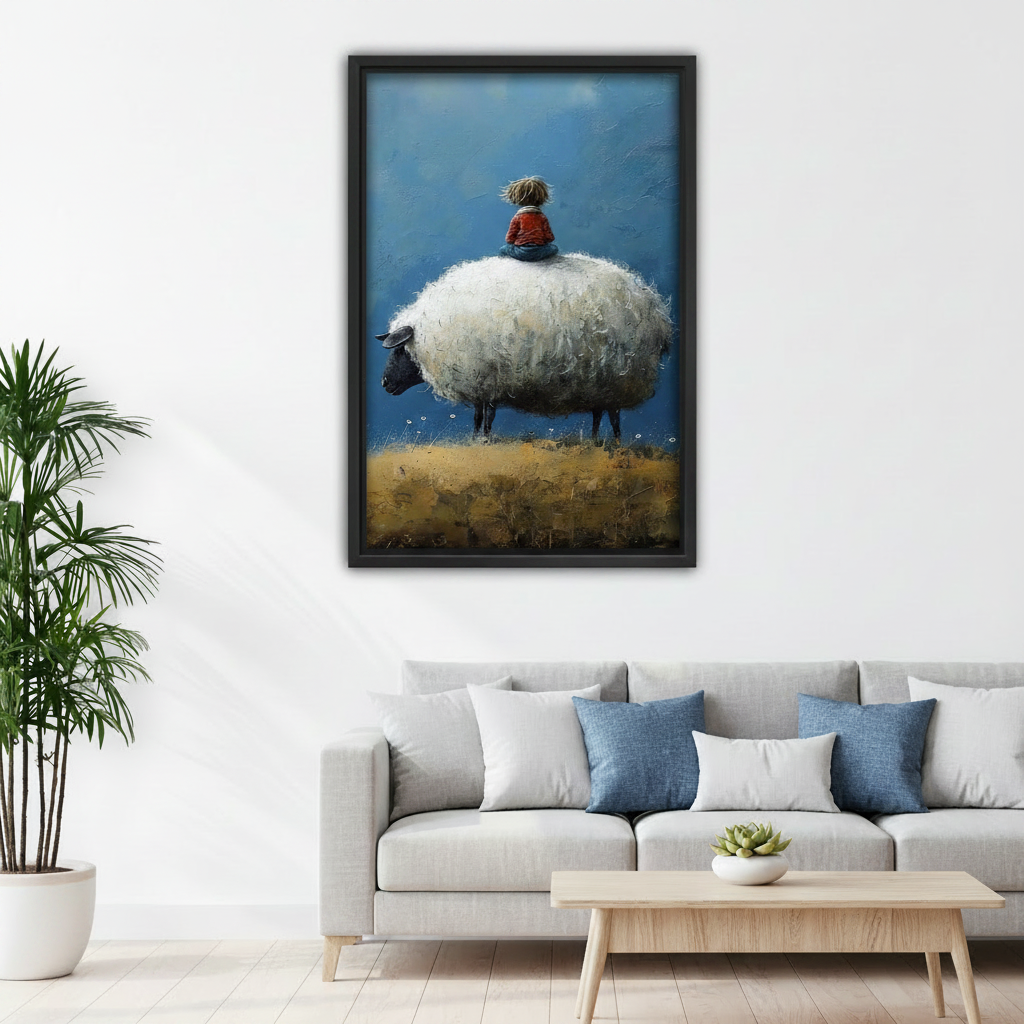 Whimsical boy riding giant sheep oil painting framed canvas above sofa in modern living room