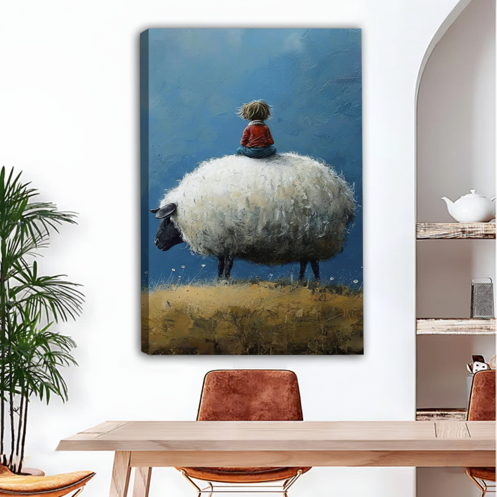 Frameless gallery wrap canvas print of boy sitting on giant sheep in golden field, whimsical oil painting wall art