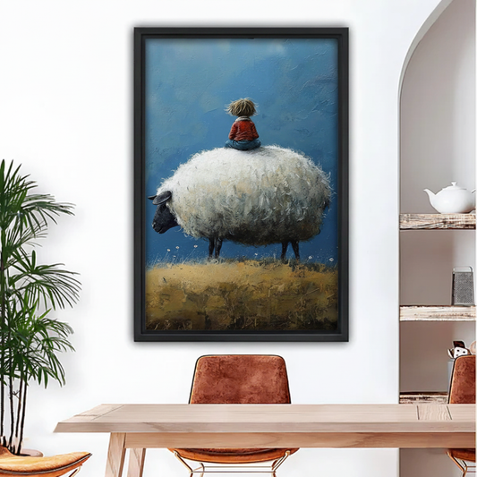 Black framed whimsical boy riding giant sheep oil painting canvas wall art, dining room decor
