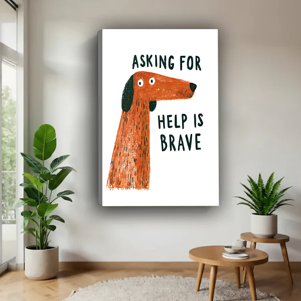 Brave dog quote canvas wall art featuring an orange dog in a black frame beside a rattan bed.