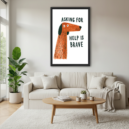 Woman holding framed brave dog quote canvas wall art with an orange dog and encouraging hand-lettered message.