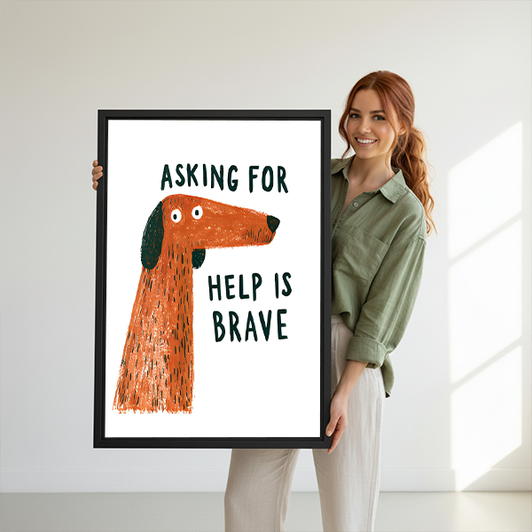 Whimsical brave dog quote canvas wall art without an outer frame, displayed above wooden tables beside green houseplants.