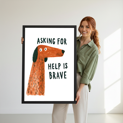 Whimsical brave dog quote canvas wall art without an outer frame, displayed above wooden tables beside green houseplants.