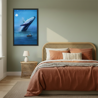 Woman holding framed breaching whale canvas wall art featuring a giant whale, tiny boat, and glowing moon.