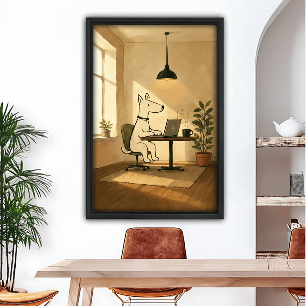 Black framed bull terrier line art canvas print hanging above wooden dining table in warm beige room