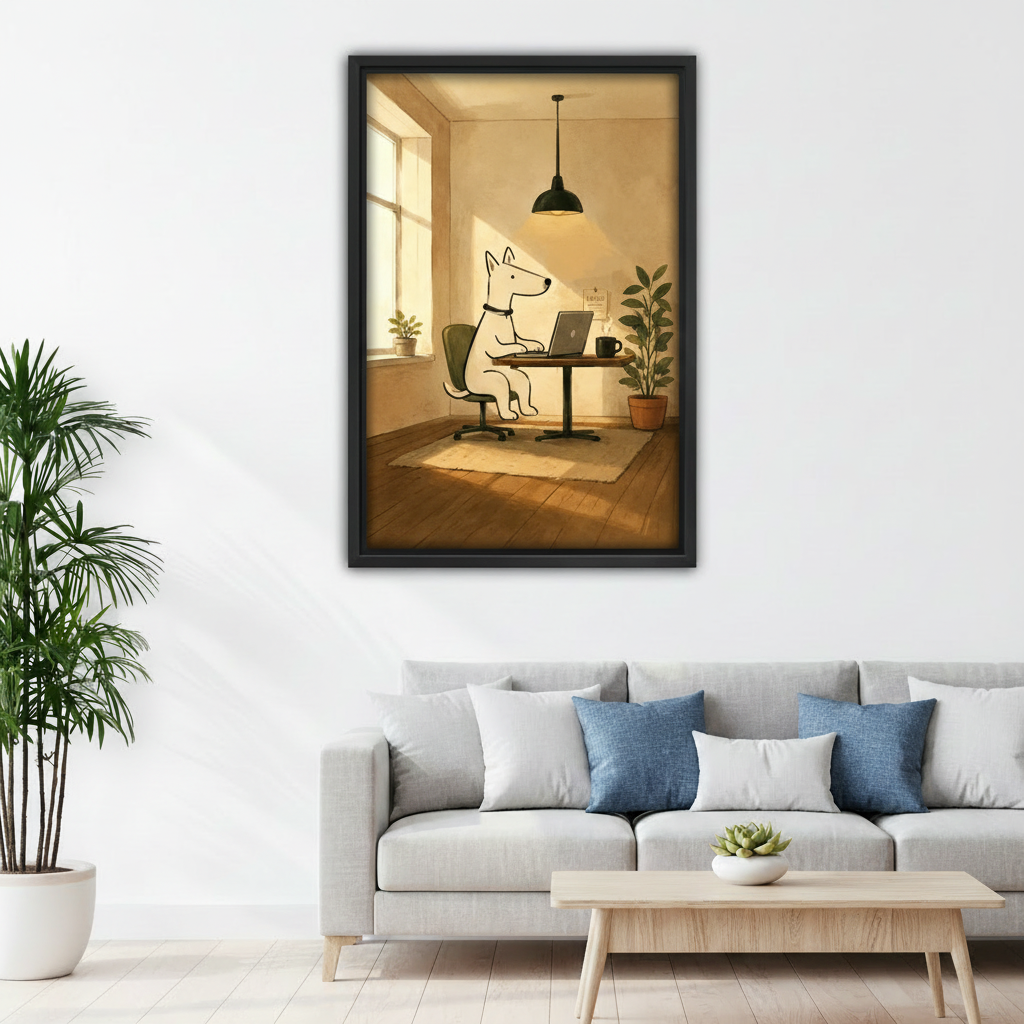 Whimsical dog line art framed canvas print above gray sofa in modern minimalist living room