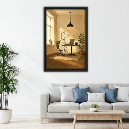 Whimsical dog line art framed canvas print above gray sofa in modern minimalist living room