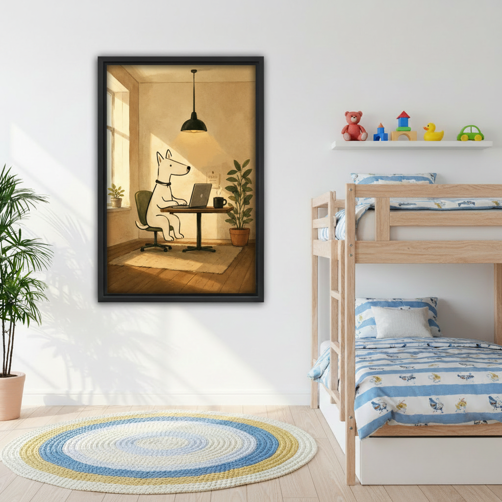 Minimalist bull terrier working at desk framed wall art in cozy kids bedroom with wooden bunk bed