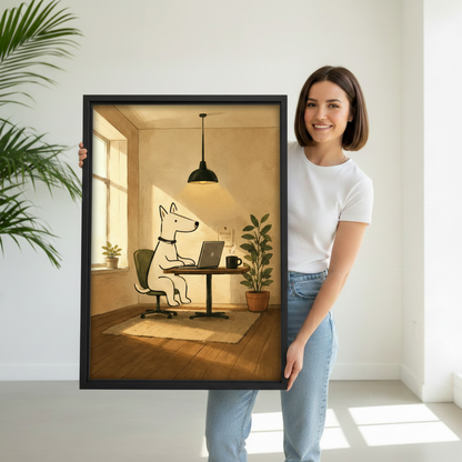 Smiling woman holding large black framed bull terrier line art canvas print in white studio