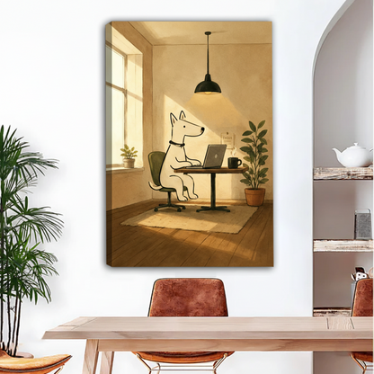 Frameless gallery wrap canvas featuring whimsical dog at laptop displayed in bright dining room setting