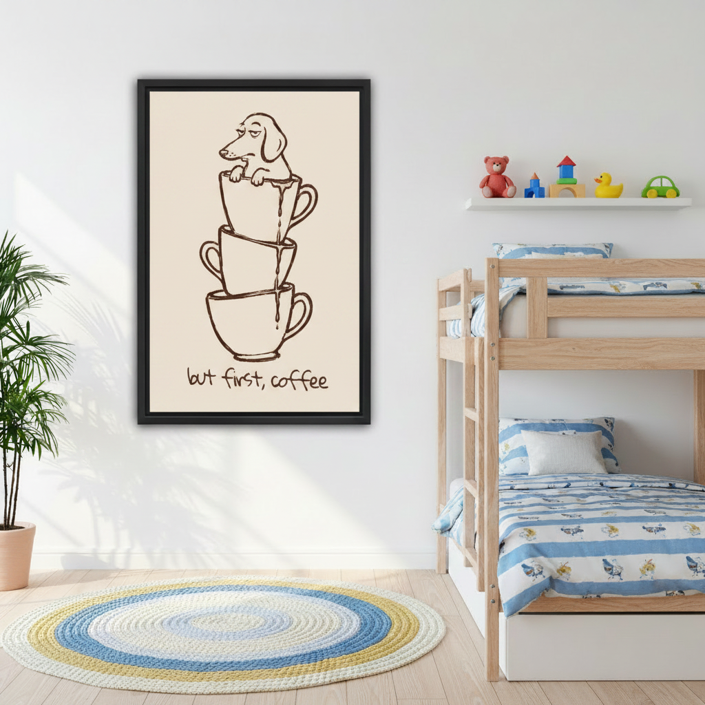 Black framed But First Coffee dachshund line art print displayed in a children's bedroom with bunk beds, featuring a whimsical stacked cups illustration