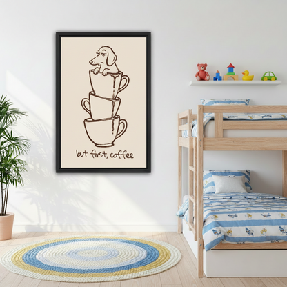 Black framed But First Coffee dachshund line art print displayed in a children's bedroom with bunk beds, featuring a whimsical stacked cups illustration