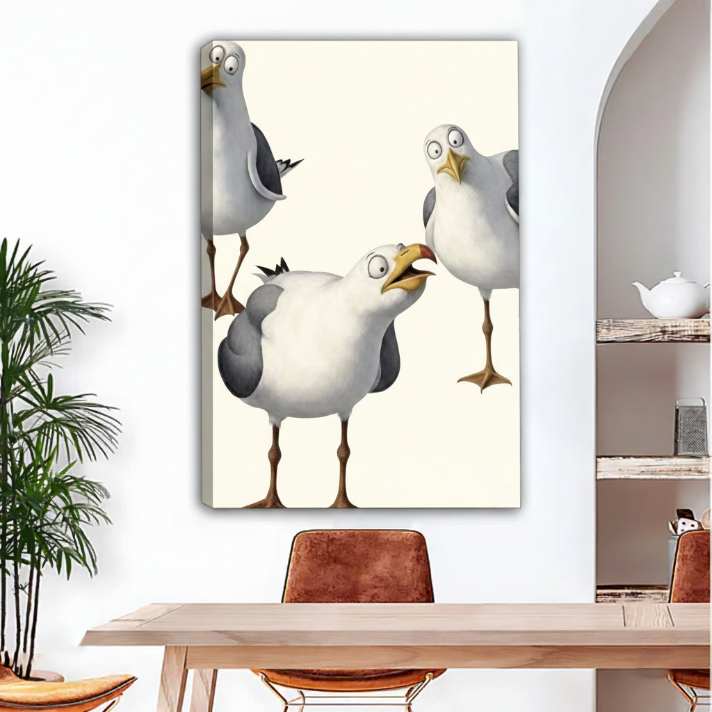 Three cartoon seagulls gallery wrap canvas – frameless wall art in boho dining room