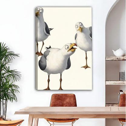 Three cartoon seagulls gallery wrap canvas – frameless wall art in boho dining room