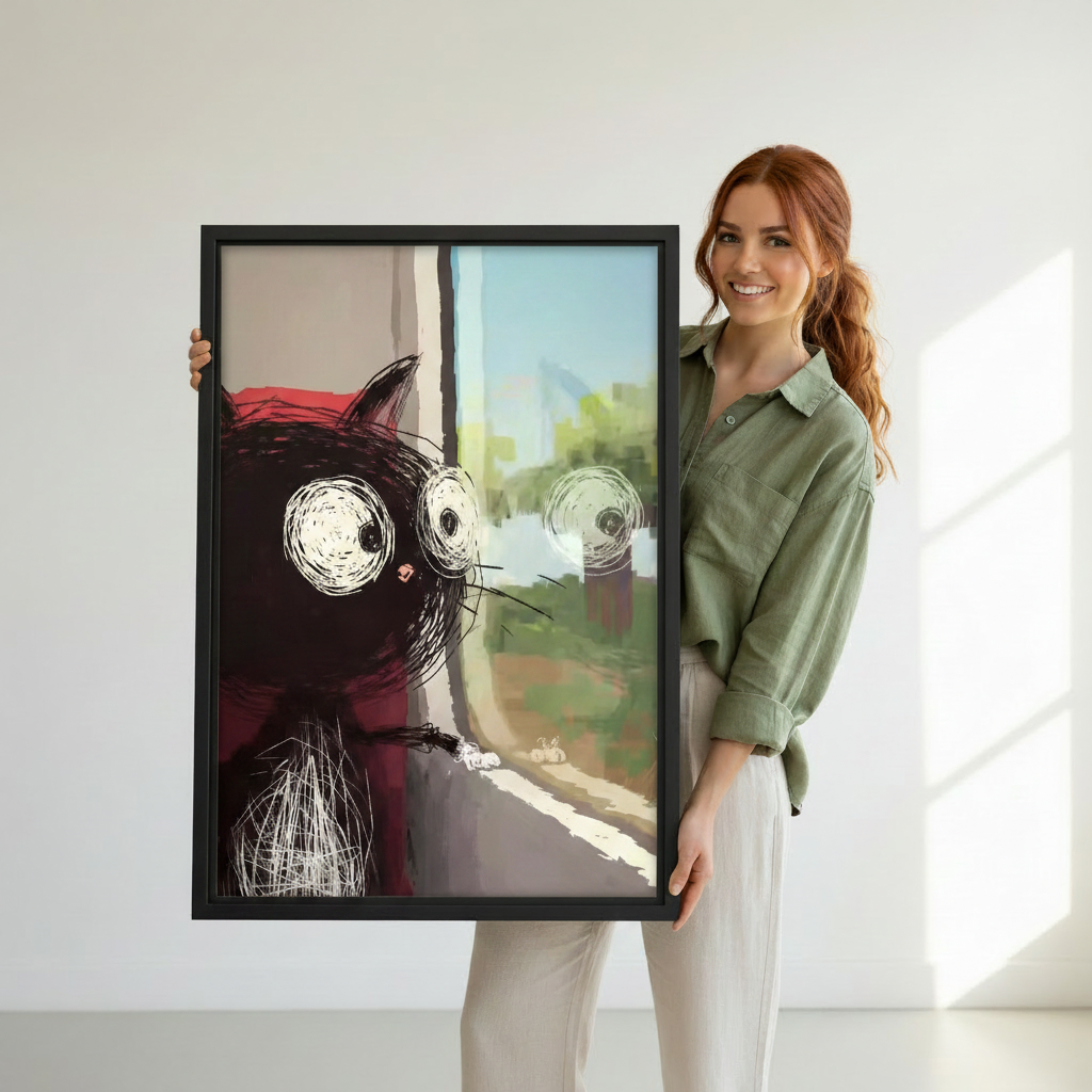 Curious black cat window sketch canvas wall art as home decor accent — whimsical illustrated cat print styled with modern home furnishings