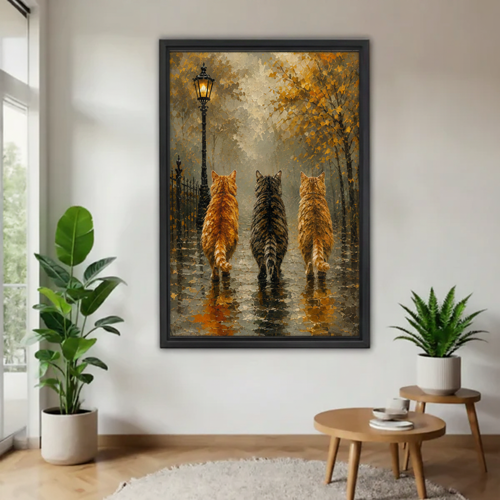 Autumn night cats oil painting canvas wall art with black frame in living room