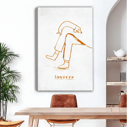 Minimalist Skneepy dog line art unframed canvas leaning against dining room wall, amber single-line sketch of dog on crossed legs, modern home decor