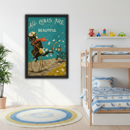 Retro black cat on penny-farthing All Cats Are Beautiful framed canvas wall art in bedroom, funny vintage teal cat decor