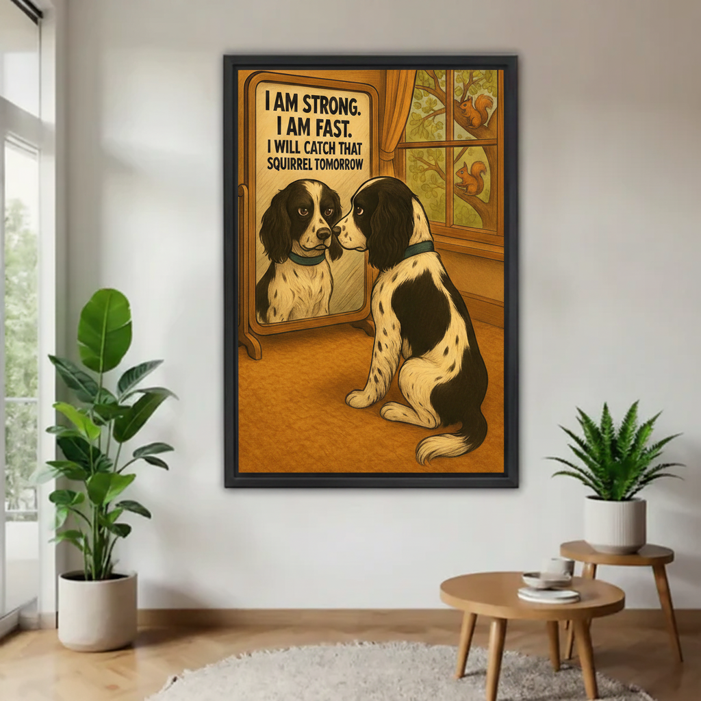 Funny dog mirror motivational quote framed canvas wall art — spaniel staring at reflection with squirrel outside window, black frame, living room decor