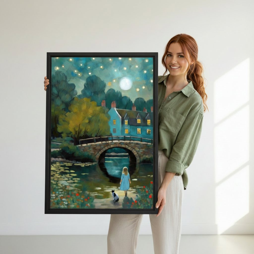 Woman holding moonlit girl and cat fantasy framed canvas print — dreamy bridge wall art, romantic whimsical home decor gift