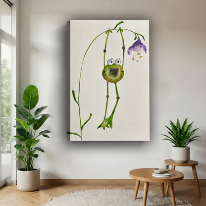 Whimsical frog canvas art print — playful watercolor illustration of wide-eyed frog clinging to curved stem beside purple flower