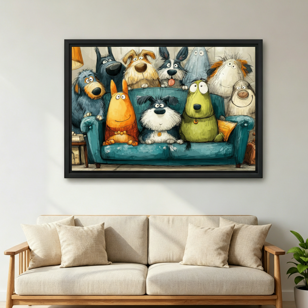 Whimsical cartoon dogs on sofa canvas wall art displayed in bright living room, funny dog lover framed print