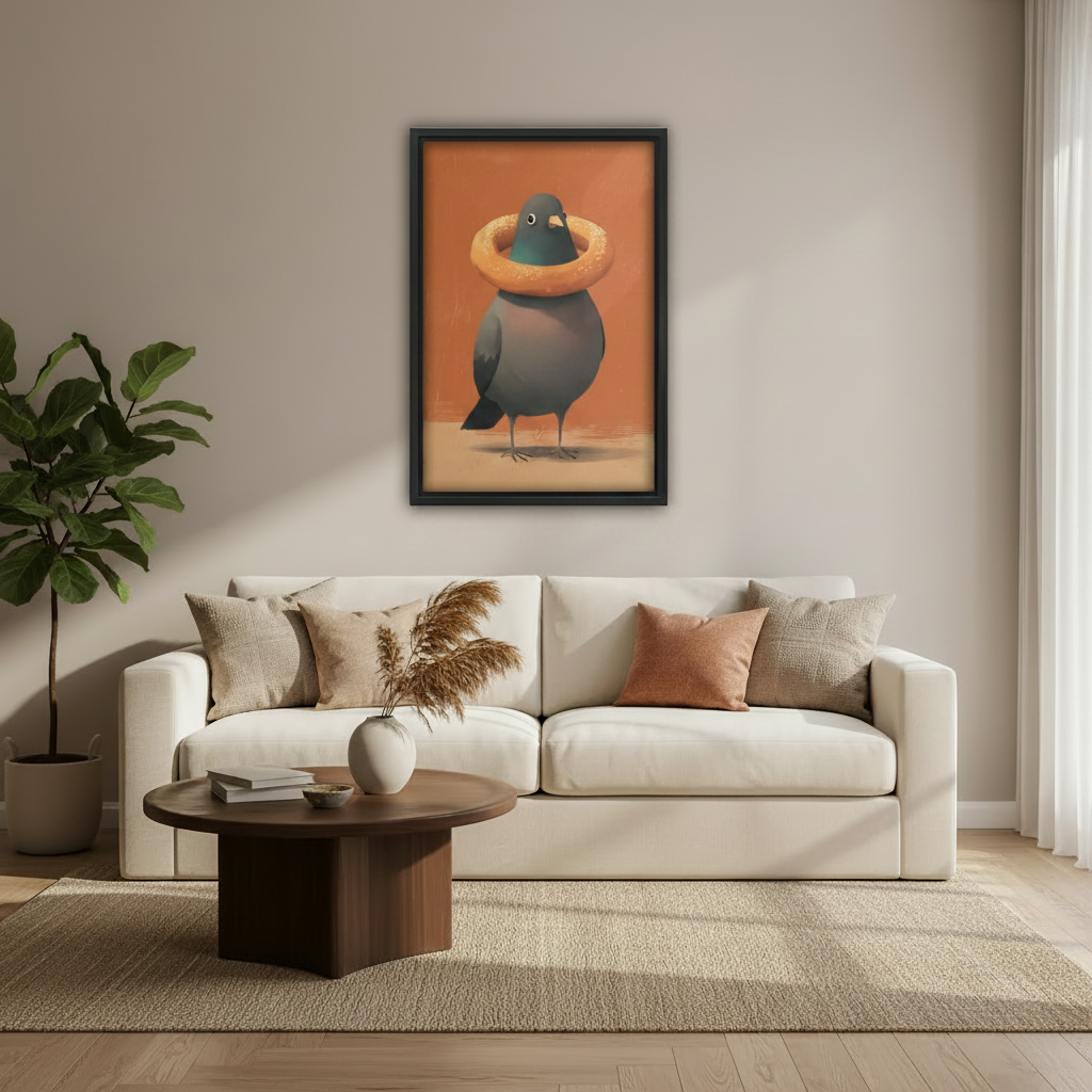 Whimsical pigeon bagel framed art print – vintage oil painting canvas above rustic desk in boho home office