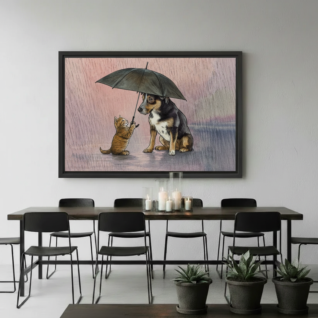 Cat and Dog Rainy Day Canvas Wall Art - Storybook Style Framed Wall Decor