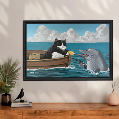 Funny cat and dolphin framed canvas print hanging above wooden console — humorous ocean wall art