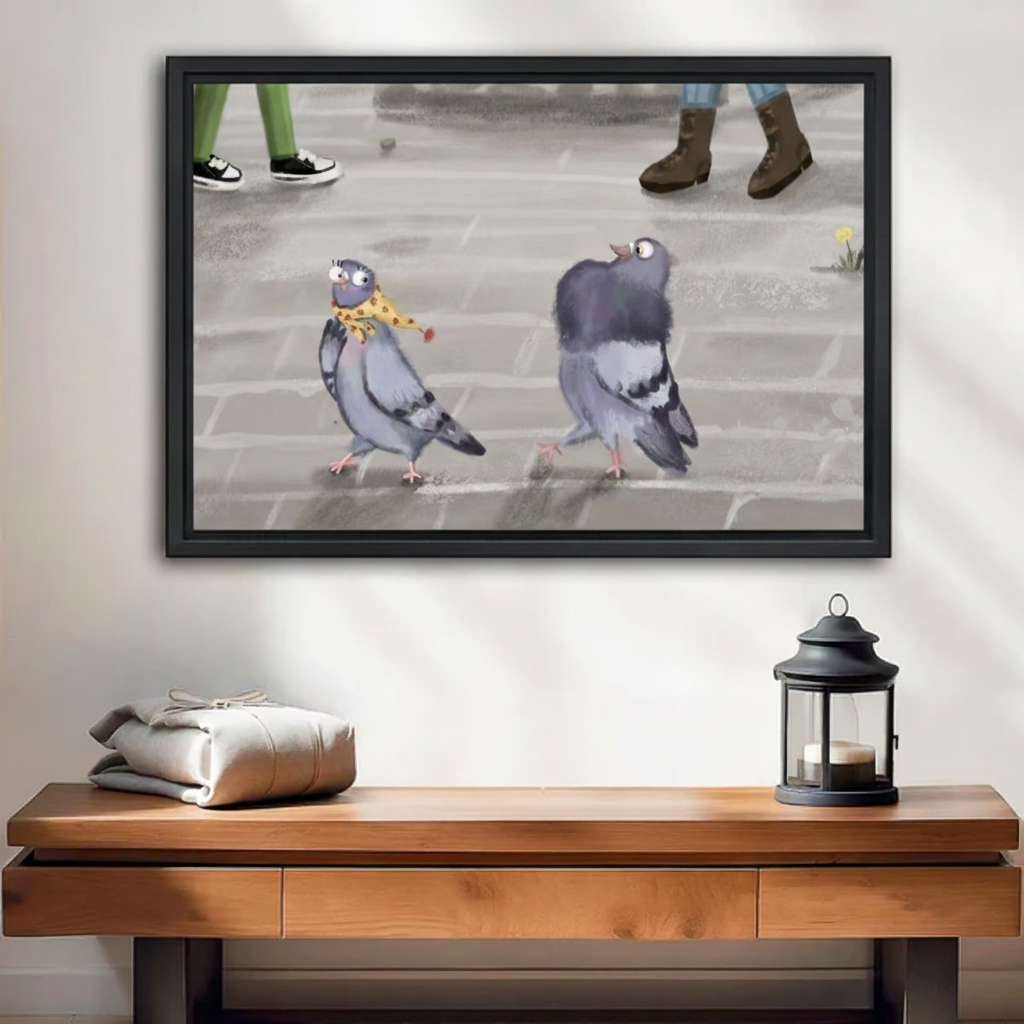 Whimsical city pigeons canvas wall art in black floating frame, two funny birds on sidewalk hung above wooden console table with lantern