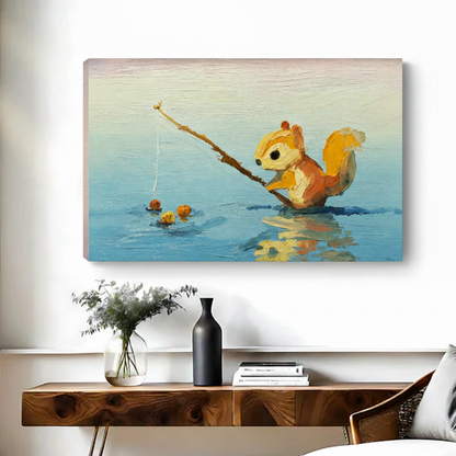 Cute squirrel fishing canvas wall art no frame, rustic living room decor