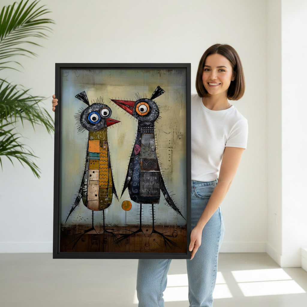 Woman holding quirky birds mixed media wall art print, eclectic outsider art canvas gift idea for unique home decoration