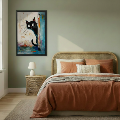 Peeking black cat framed wall art in modern living room — bold abstract cat canvas print for living room decor