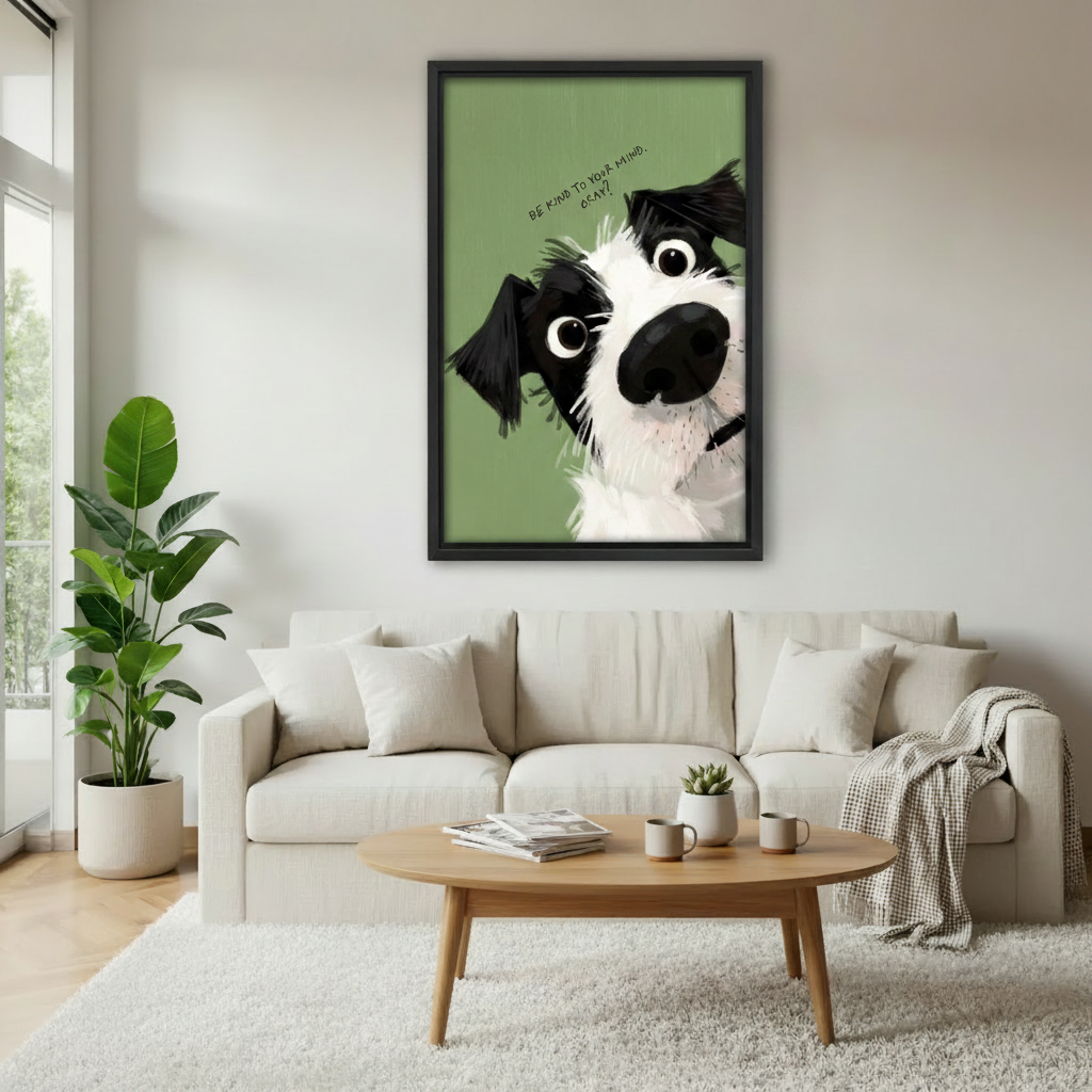 Be Kind To Your Mind border collie wall art as home decor accent — bold illustrated dog canvas print with sage green background for any room