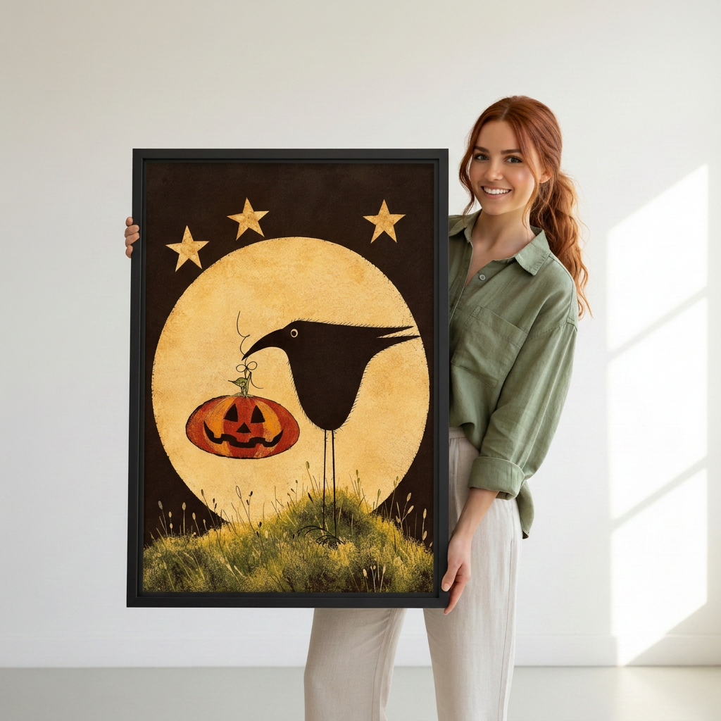 Moonlit Pumpkin Crow Canvas Wall Art L6232